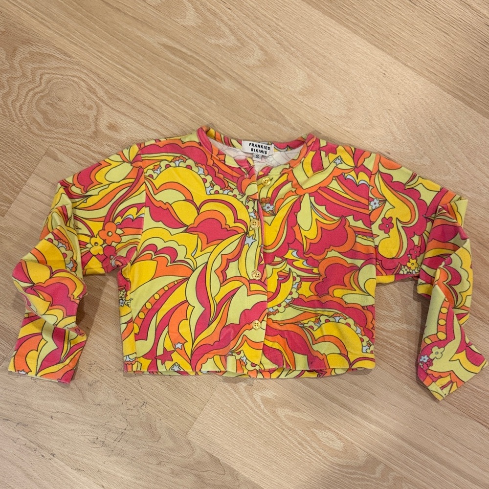 Frankie's Bikinis Girls' Cropped Retro Print Cardigan in Yellow & Pink